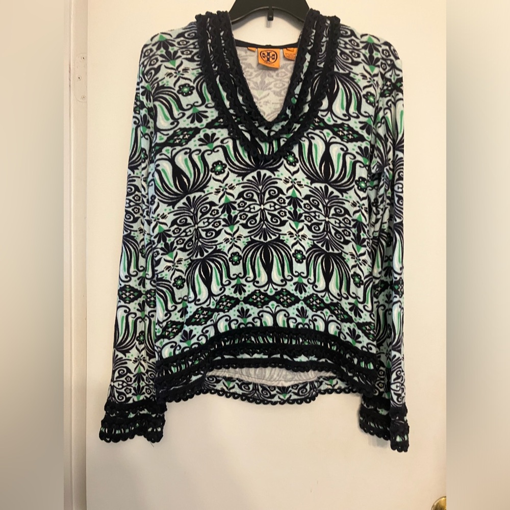 Tory Burch 100% cotton hooded v-neck terry cloth shirt XS